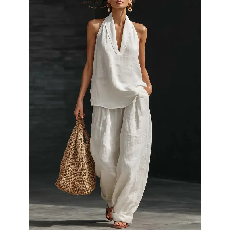 ✨✨Boho Linen Two Piece Set - Perfect for Beach, Vacation & Brunch! Halter Neck Sleeveless Top Wide Leg Pants Set