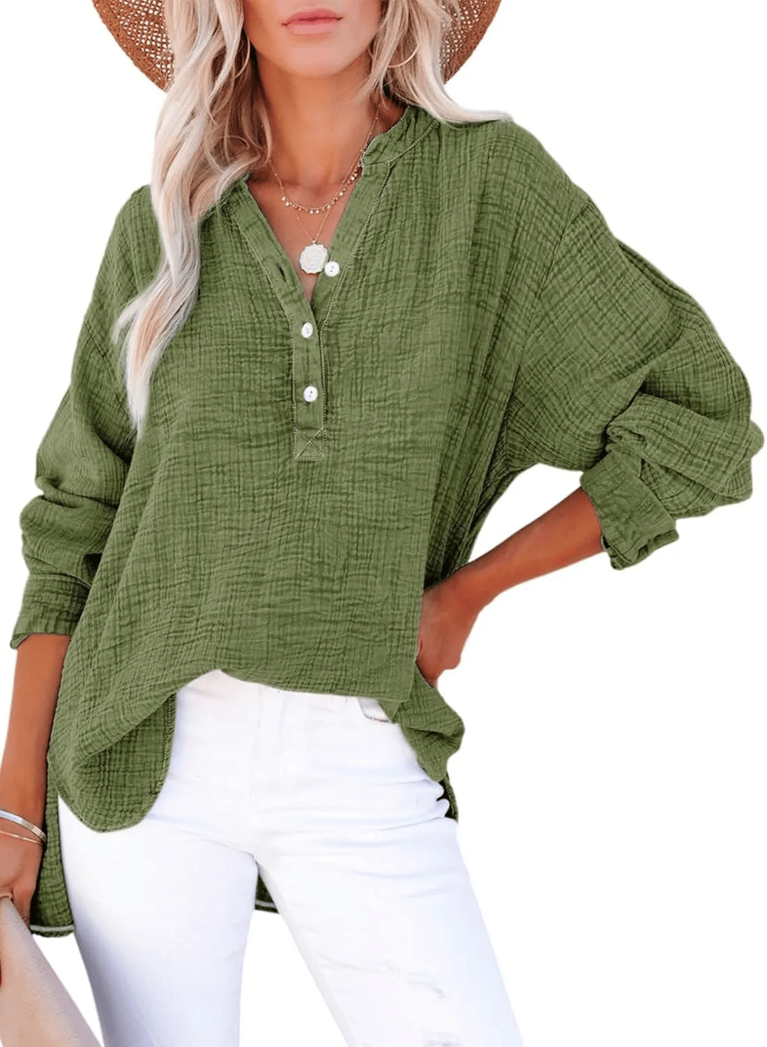 ✨✨Buy 2 Pcs Free Shipping - Womens Casual Gauze Button Neck Long Sleeve Oversized BlousesTops
