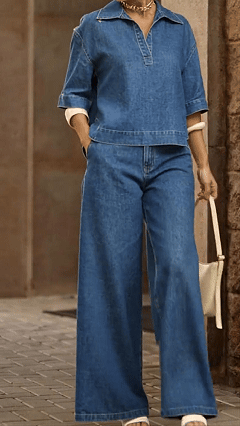 ✨✨Buy 2 Pcs Free Shipping - Women's Casual 100% Cotton Denim Top And Wide-leg Pants Two-piece Set