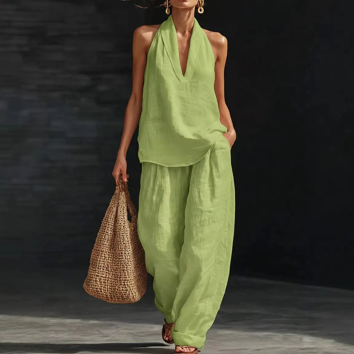 ✨✨Boho Linen Two Piece Set - Perfect for Beach, Vacation & Brunch! Halter Neck Sleeveless Top Wide Leg Pants Set