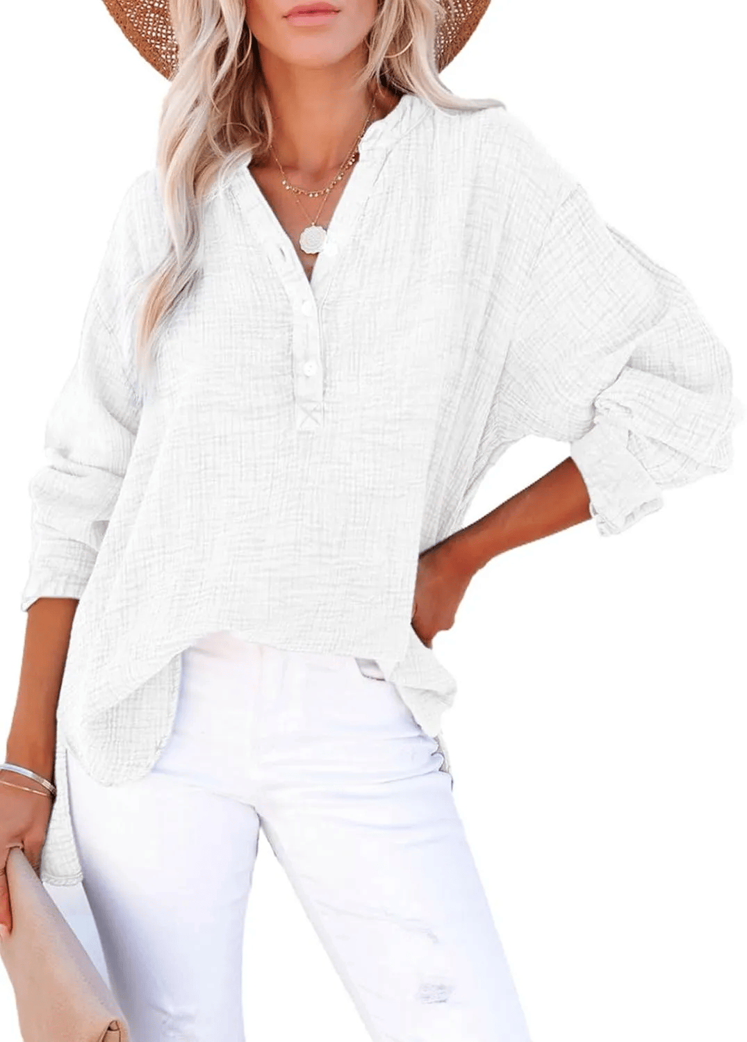 ✨✨Buy 2 Pcs Free Shipping - Womens Casual Gauze Button Neck Long Sleeve Oversized BlousesTops