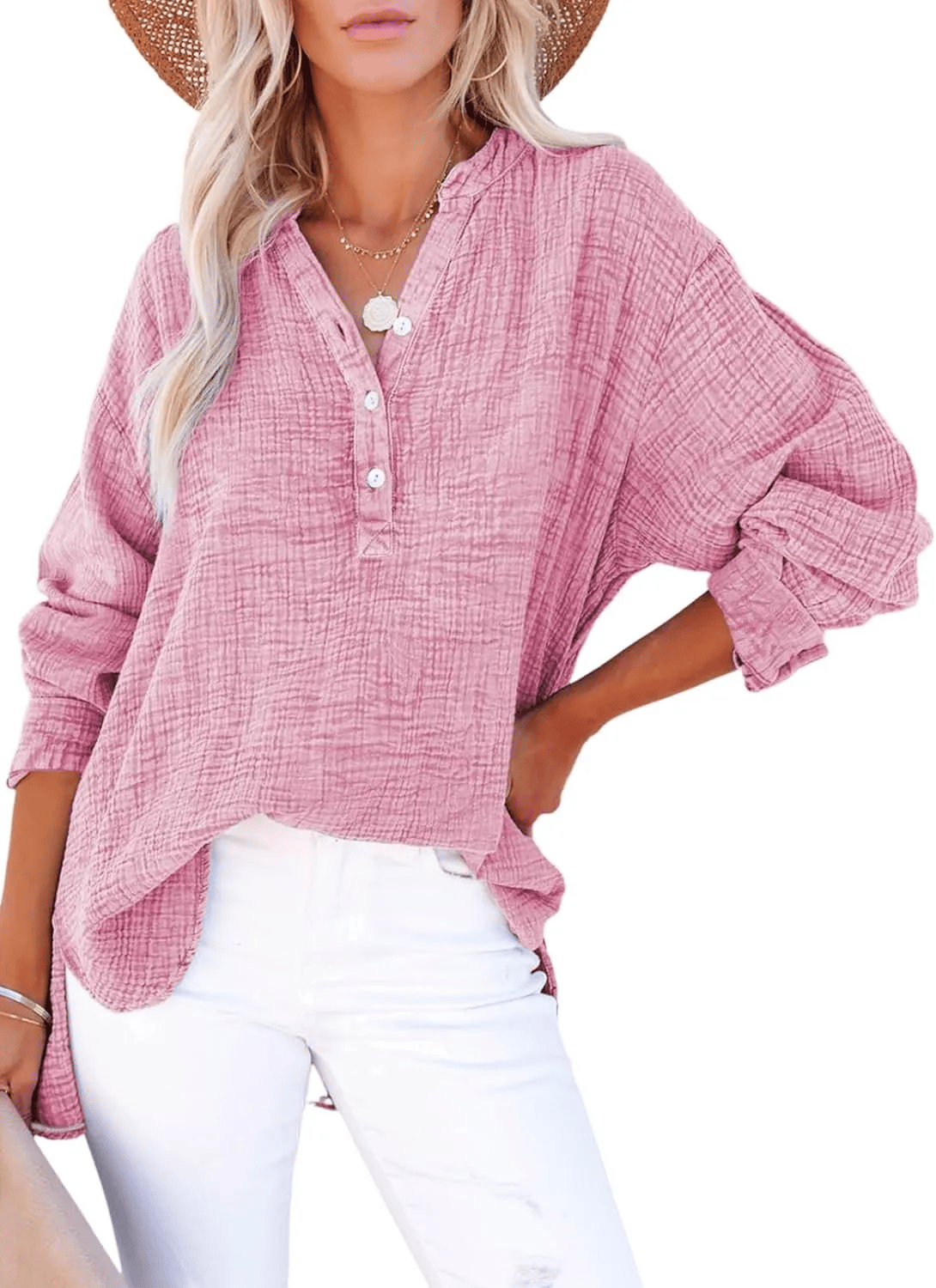 ✨✨Buy 2 Pcs Free Shipping - Womens Casual Gauze Button Neck Long Sleeve Oversized BlousesTops