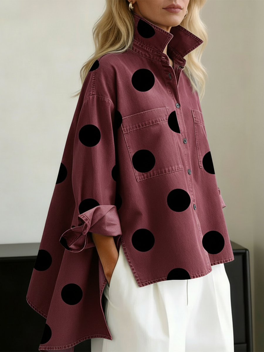 ✨✨Buy 2 Pcs Free Shipping - Elegant Artistic Polka Dot Print Stand-collar Denim Top