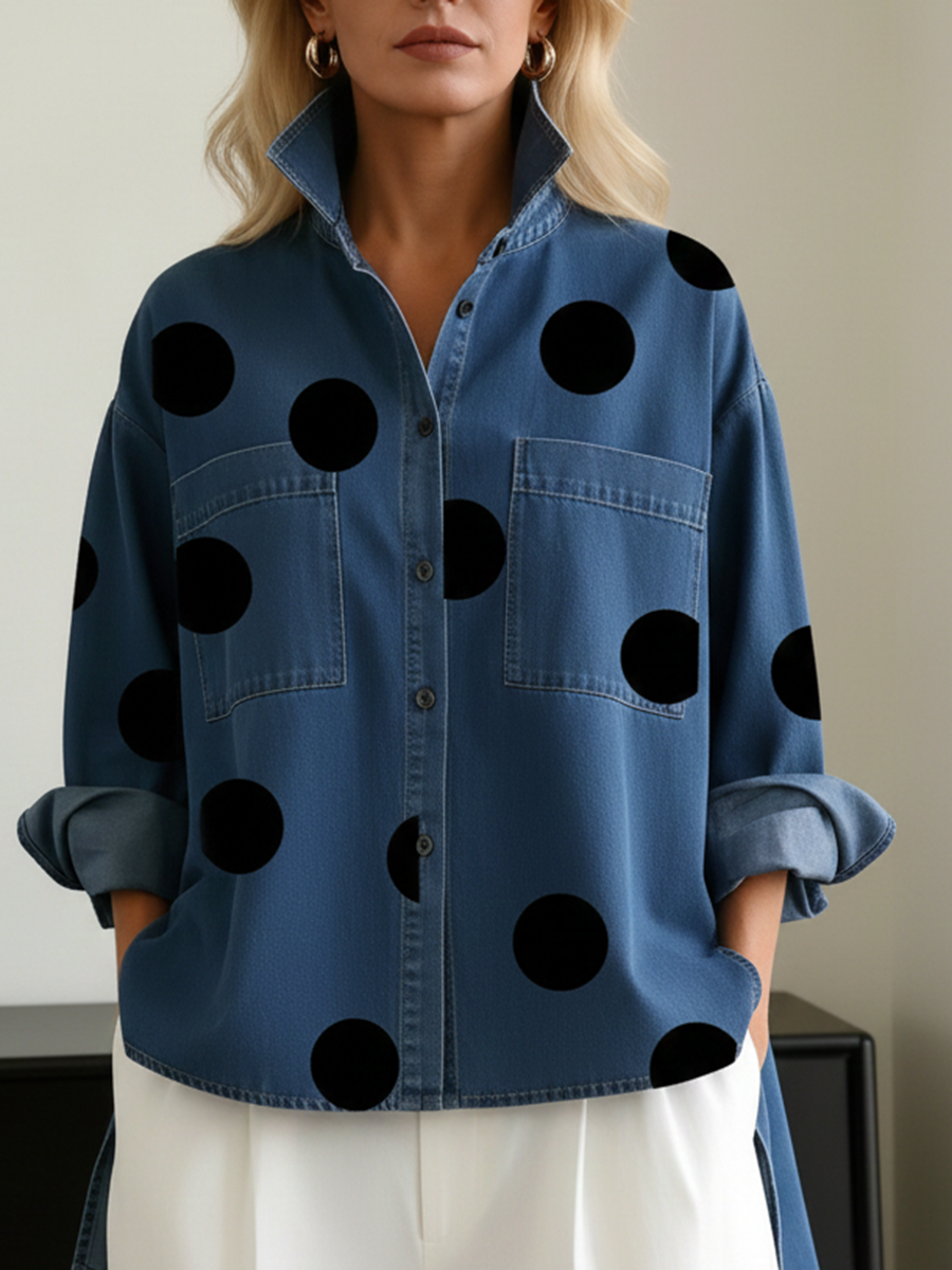✨✨Buy 2 Pcs Free Shipping - Elegant Artistic Polka Dot Print Stand-collar Denim Top