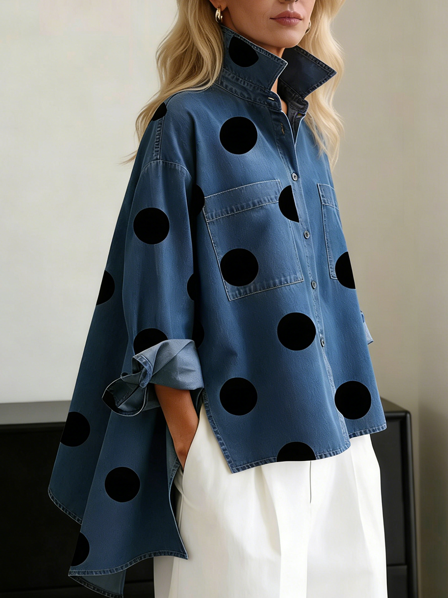 ✨✨Buy 2 Pcs Free Shipping - Elegant Artistic Polka Dot Print Stand-collar Denim Top
