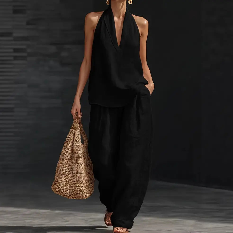 ✨✨Boho Linen Two Piece Set - Perfect for Beach, Vacation & Brunch! Halter Neck Sleeveless Top Wide Leg Pants Set