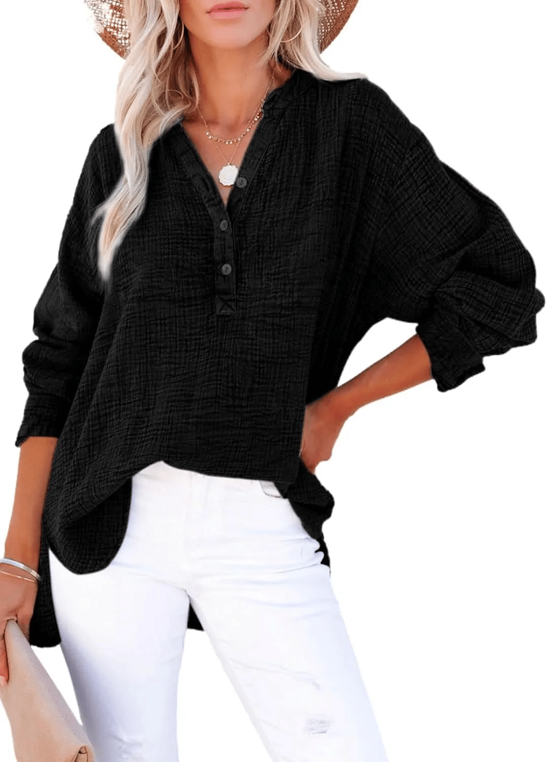 ✨✨Buy 2 Pcs Free Shipping - Womens Casual Gauze Button Neck Long Sleeve Oversized BlousesTops
