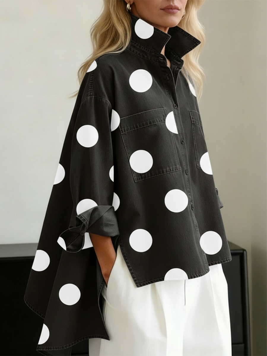 ✨✨Buy 2 Pcs Free Shipping - Elegant Artistic Polka Dot Print Stand-collar Denim Top