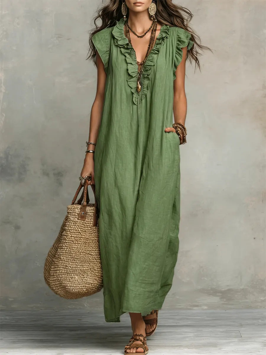 📦📦LAST DAY SAVE 49% ⏰Women's Solid Color Ruffled Art Casual Fashion Cozy Cotton Linen Dress