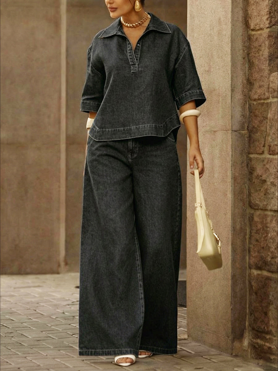 ✨✨Buy 2 Pcs Free Shipping - Women's Casual 100% Cotton Denim Top And Wide-leg Pants Two-piece Set