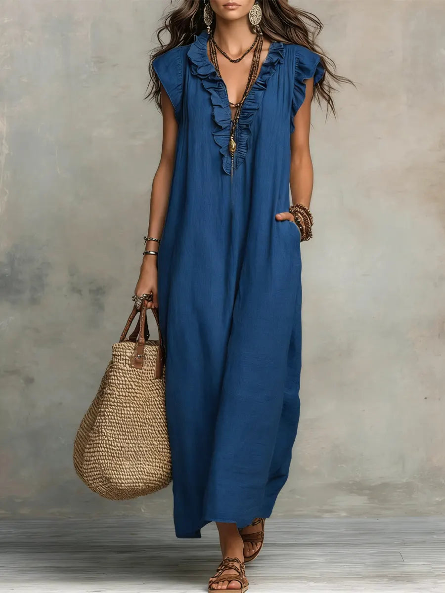 📦📦LAST DAY SAVE 49% ⏰Women's Solid Color Ruffled Art Casual Fashion Cozy Cotton Linen Dress