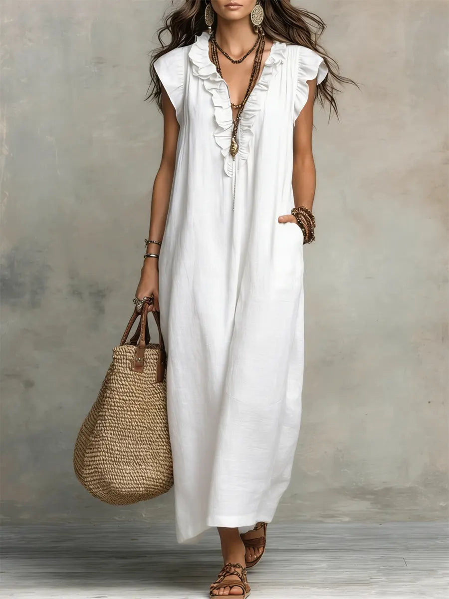 📦📦LAST DAY SAVE 49% ⏰Women's Solid Color Ruffled Art Casual Fashion Cozy Cotton Linen Dress