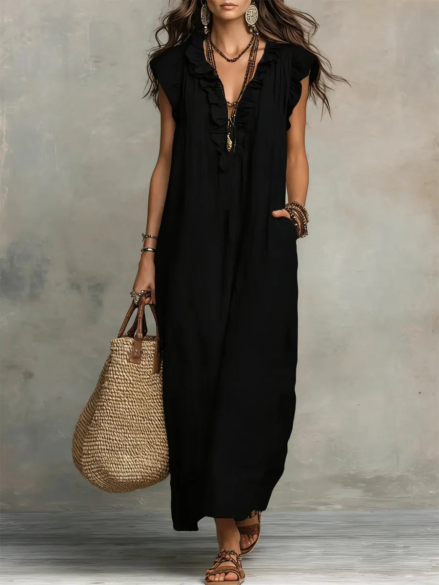 📦📦LAST DAY SAVE 49% ⏰Women's Solid Color Ruffled Art Casual Fashion Cozy Cotton Linen Dress