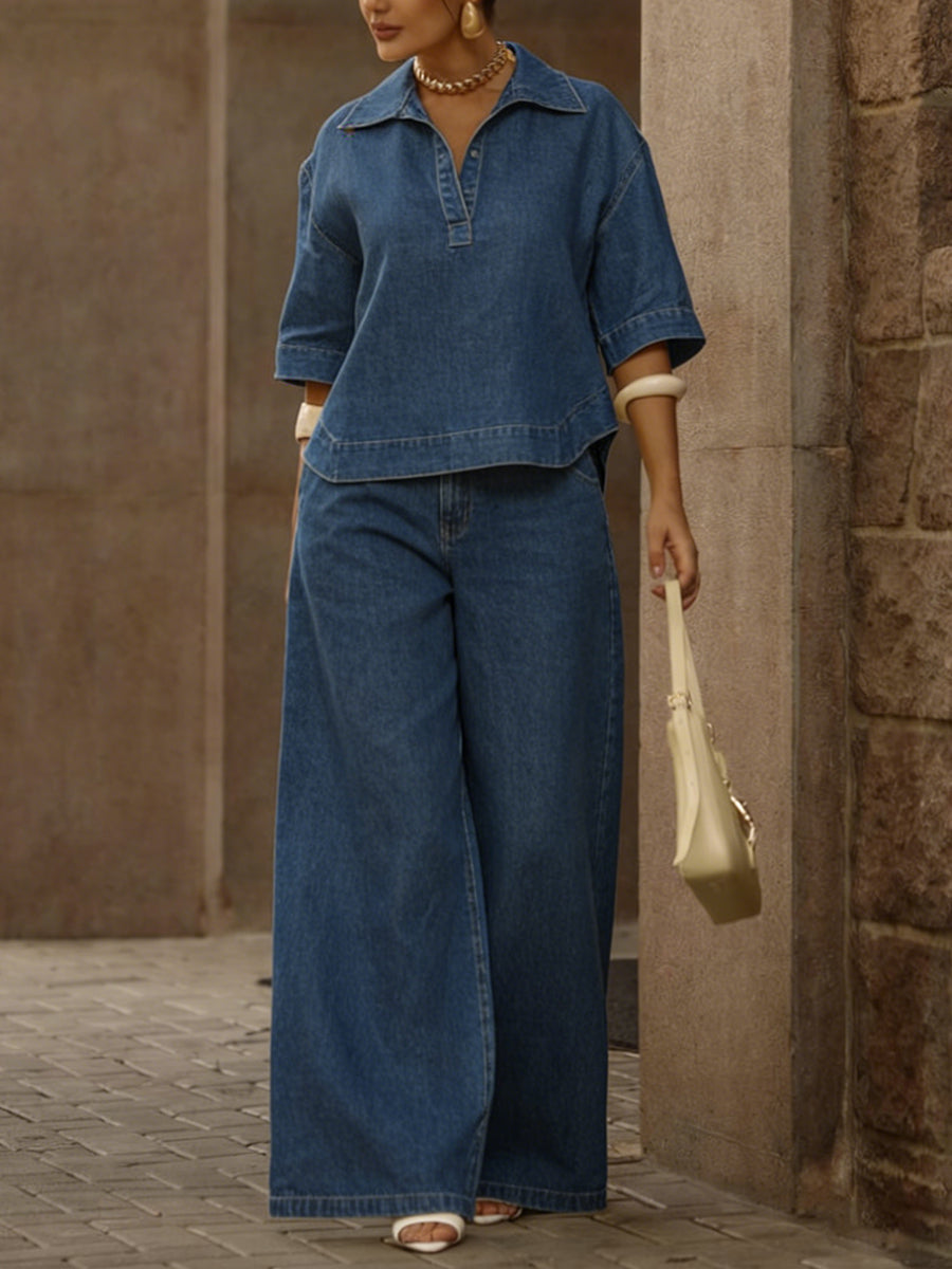 ✨✨Buy 2 Pcs Free Shipping - Women's Casual 100% Cotton Denim Top And Wide-leg Pants Two-piece Set